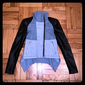 BCBG denim Jacket with Leather Sleeves